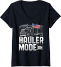 Womens Hauler Mode ON Patriotic Trucker Big Rig USA Flag Design V Neck