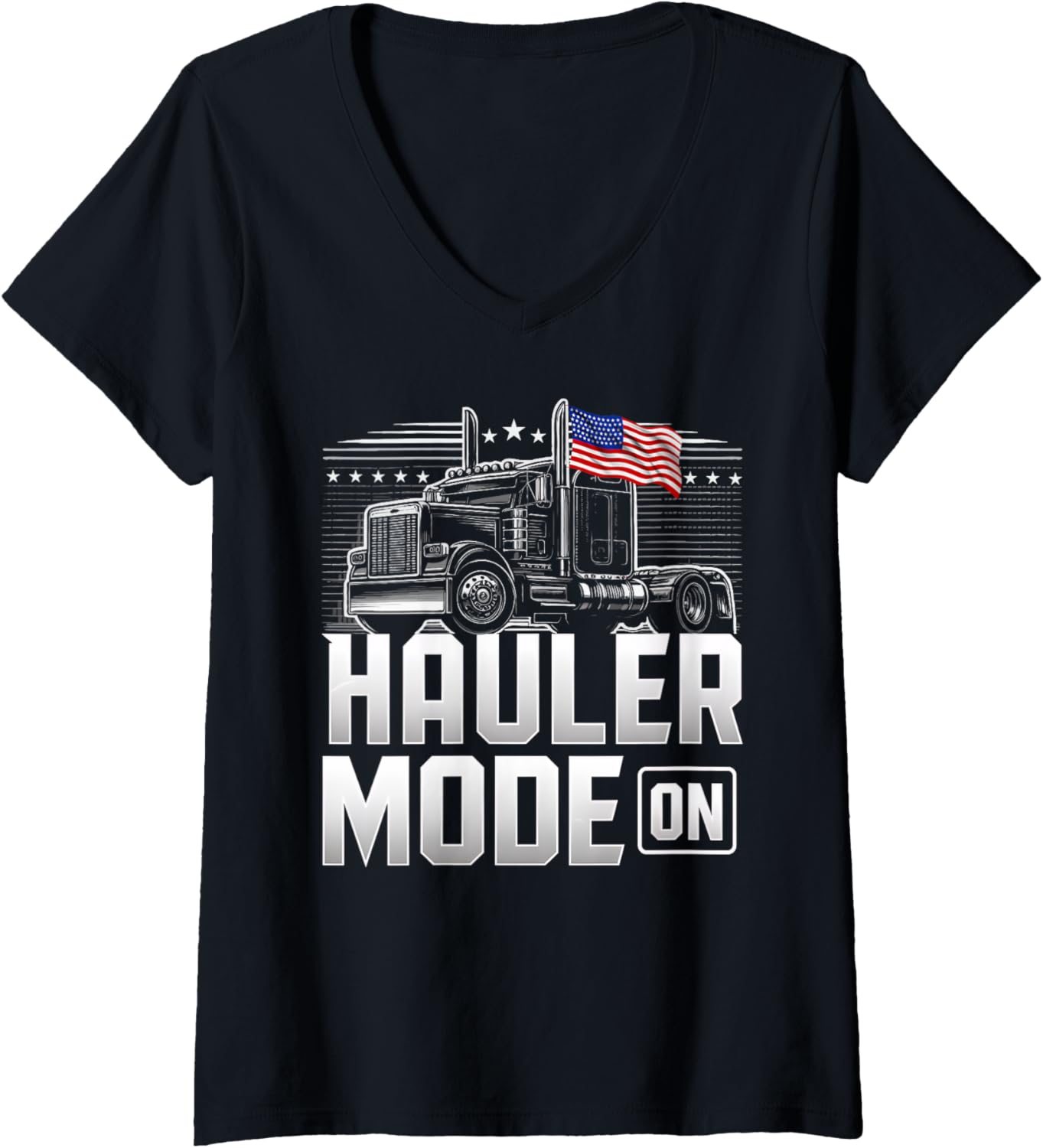Womens Hauler Mode ON Patriotic Trucker Big Rig USA Flag Design V Neck