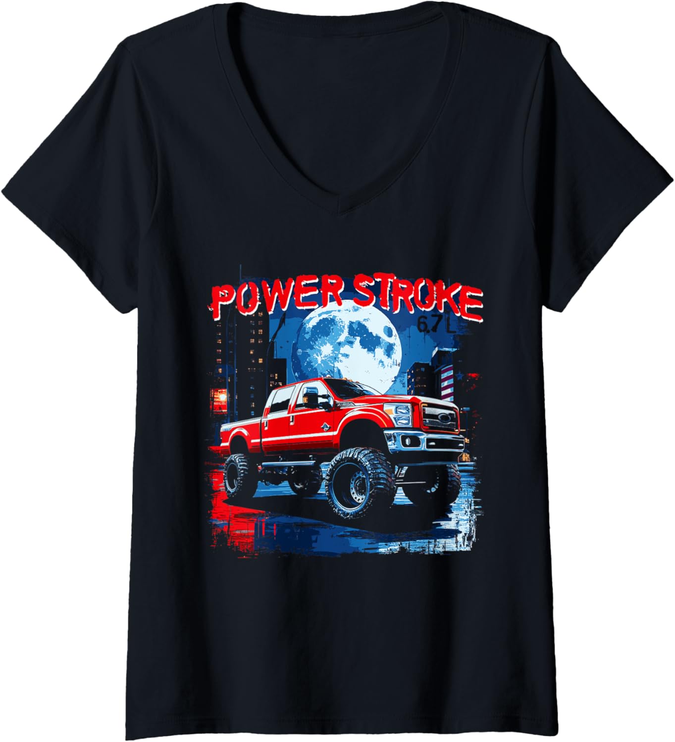 Womens Powerstroke Patriotic Truck American Flag 6.7L Diesel Truck V Neck